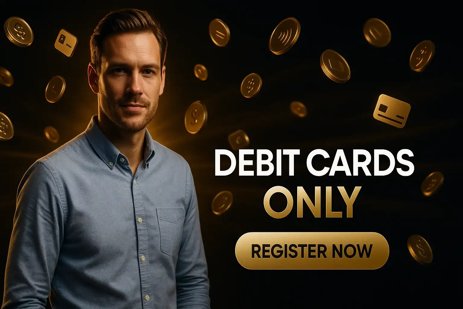 Photorealistic sports betting banner with British man, gold coins and debit card CTA