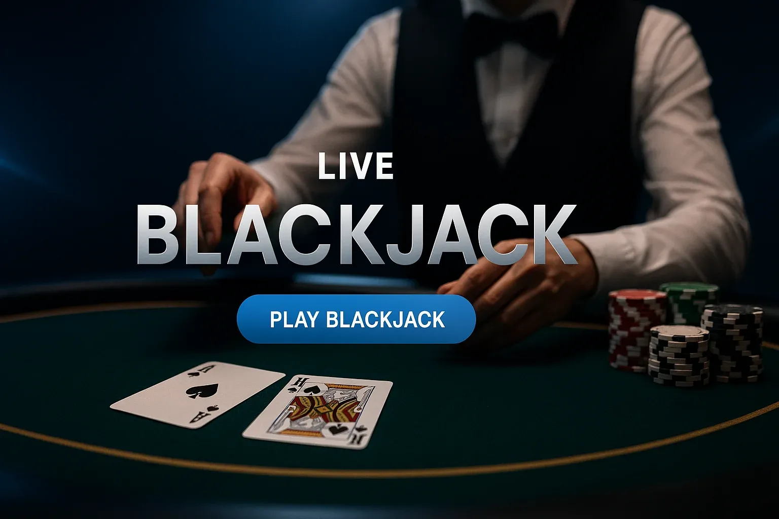 Photorealistic live blackjack table banner with cards, chips and croupier hands