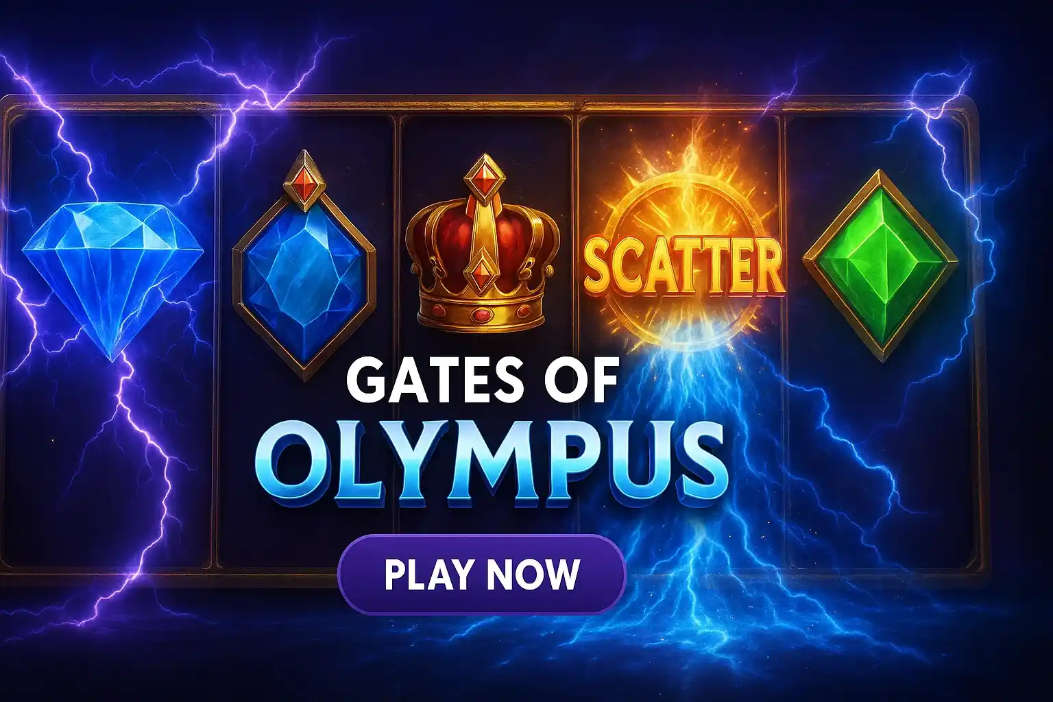 Wide casino slot banner with purple lightning, glowing reels and play now button