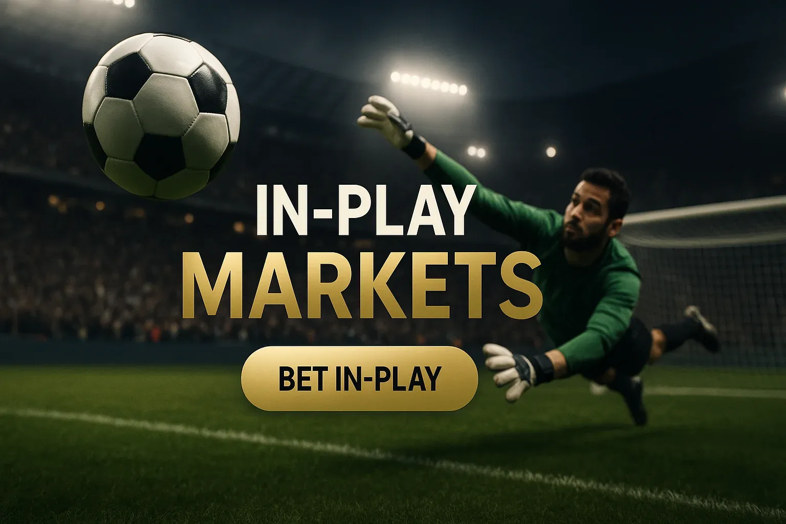 Photorealistic in-play sports betting banner with football, diving goalkeeper and CTA